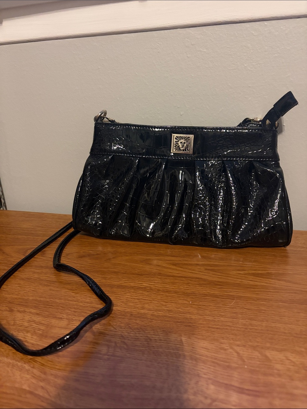 Anne Klein Black Patent Croc-Embossed Crossbody Clutch